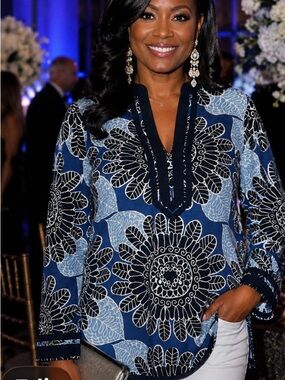 Tory Burch Blue Floral V-Neck Tunic